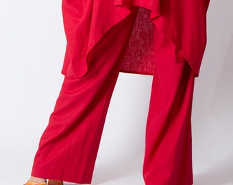 Pantalones envolventes de lino, pantalones de lino de algodón de color rojo, ropa de lino, pantalones de lino de verano, pantalones de lino Boho, pantalones de lino relajados NASY - PA1078LE