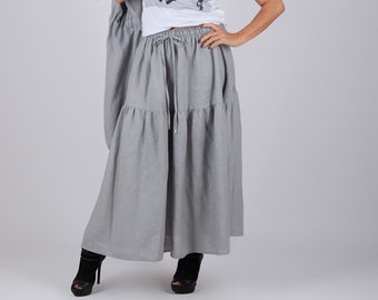 Loose Linen Maxi Skirt, Elastic Waist Flounce Skirt EUGF