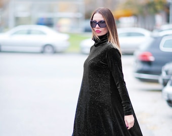 chinese dress ladies Black Velvet Mock Neck Maxi Dress – shopaleena main image 1