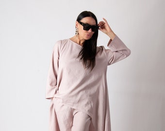 Women Two Piece Summer Set, Women Long Tunic Dress, Long Sleeve Plus Size Pink Top and Pants, Ideal for Mothers Day Gift JESIKA - SE0144LE