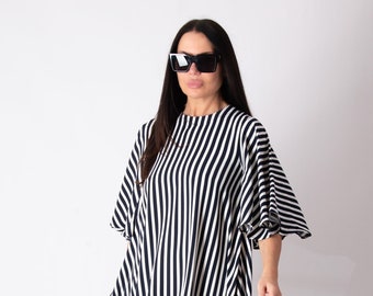 Marine Striped Dress, Oversized Dress, Plus Size Clothing, Dress For Women, Flounces Dress, Loose Ruffle Dress, Dress IVANINA - DR0788CV