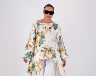 Linen Summer Long Tunic Set, Plus Size Linen Pant, Floral Linen Set, Linen Long  Sleeves Set, Linen Top, linen pants women JESIKA - SE0144LE
