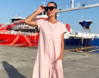 Light Pink Linen Jumpsuit, Short Sleeve Summer Overalls Lilian