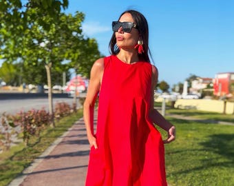Robe longue rouge en coton à volants, sans manches, coupe trapèze, style Chloé