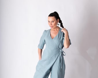 Linen Wrap Jumpsuit, Plus Size Overall, Wide Leg Summer Romper Saya