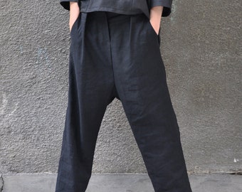 Pantalon ample en lin noir, pantalon en lin avec entrejambe bas, pantalon en lin taille moyenne, pantalon en lin doux CHERRY - PA0781LE