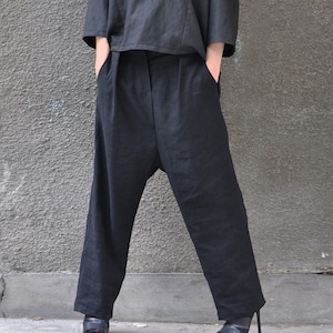 Black Linen Loose Pants, Linen Drop Crotch Pants, Mid waist linen pants, Soft linen trousers CHERRY - PA0781LE