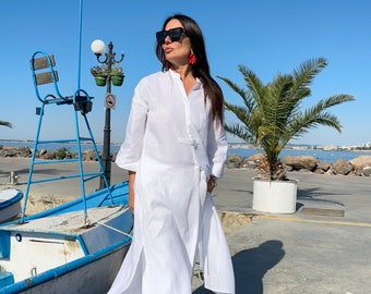 Linen Kaftan Shirt Dress, Boho Tunic Top, V Neck, Front Slit White Tunic Gisele