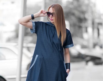 Urban casual Navy blue Denim cotton dress, Long Dress, Loose Casual Dress, Woman Cotton Dress KASANDRA - DR0218W2