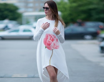White Long Sleeves Tunic Top with Red Rose Print, Summer Maxi Tunic, Oversize Asymmetrical Dresses, Plus Size Women Top DALIA - TU0435TR