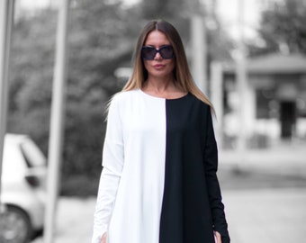 Long Sleeve Dress, Warm Maxi Dress, Maxi Dresses For Women, Black and White Dress, Fall Dress, Casual Plus Size Dress WENDY - DR0139PM