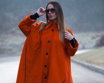 Women Trench Coat, Orange Maxi Asymmetric Zipper Coat, Wool coat, Winter Cape, Wide Coat, Trendy Coat FEDERICA - CT0033CA