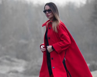 Wool Cape Coat, Women Coat, Plus Size Clothing, Long Overcoat, Winter Coat, Winter wear, Red Wool Coat for Women, Coat FEDERICA - CT0033CA