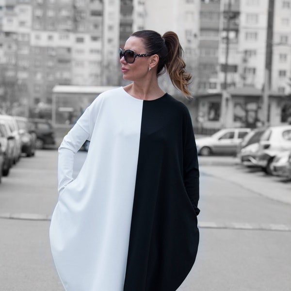 Oversized Black And White Tunic, Avant Garde Tunic, Women Dress, Plus Size Clothing, Maxi Tunic Dress Women, Steampunk, TAMARA - TU0340PM