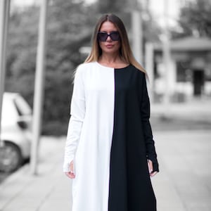 Long Sleeve Dress, Warm Maxi Dress, Maxi Dresses For Women, Black and White Dress, Fall Dress, Casual Plus Size Dress WENDY DR0139PM Black/White