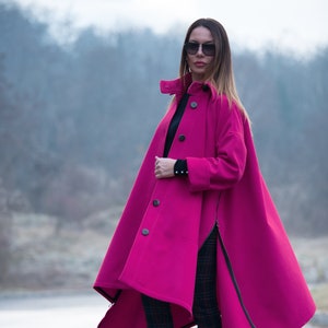 Fuchsia Asymmetrical Wool Coat, Women Loose Cape, Hot Pink Plus Size Winter Coat, Wide Wool Overcoat FEDERICA CT0033CA*