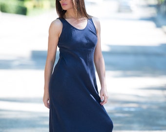 Linen Maxi Dress, Dark Blue Linen Dress, Sleeveless Dress, Womens Dresses, Long Dress, Maxi Dress, Evening Party Dress - DR0228LE