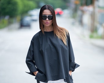 Vestido maxi tipo túnica de algodón negro de talla grande con mangas sueltas