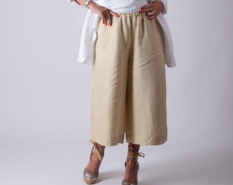 Wide Leg Linen Pants with Elastic Waist - Capri