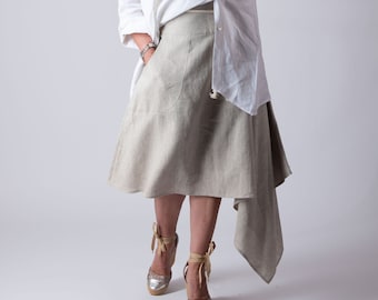 A Line Skirt, Asymmetric Skirt, Stylish Plus-Size Linen Skirt, Elegance Wide Waist Belt Skirt, Linen Skirt for Women, MISY - SK1091LE