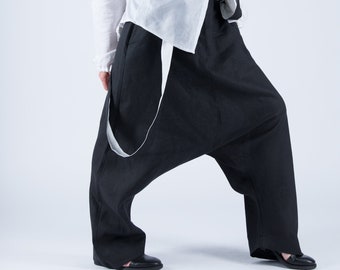Linen Harem Pants, Loose Maxi Pants, Wide Drop Crotch Pants, Urban casual Maxi Suspenders Trousers JOANNA - PA0732LE
