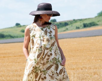 Floral Linen Caftan Dress, Hawaiian Style, Plus Size Dress Dara