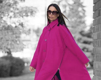 Fuchsia Asymmetrical Wool Coat Women Loose Cape Hot Pink Plus Size Winter Coat Wide Wool Overcoat FEDERICA CT0033CA Etsy