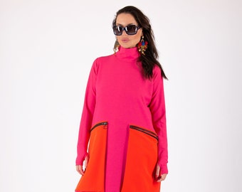 Hot Pink Dress, Maxi Winter Dress, Turtleneck Maxi Dress, Big Pockets Dress, Plus Size Clothing Women, Fuchsia Kaftan Dress LENA - DR0136PM