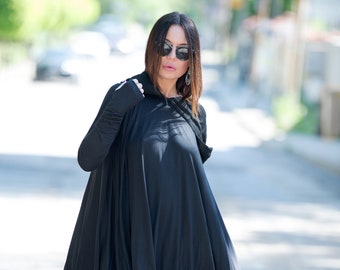 Black Asymmetrical Dress, Women Gothic Dress, Plus Size Clothing, Hooded Dress, Long Sleeve Dress, New Year Party Dress ANIE - TU0607TR