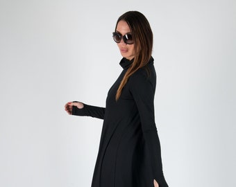 Black Turtleneck Dress, Black Maxi Dress, Long Sleeves, Plus Size Clothing, Gothic Dress, Abaya Black Kaftan Dress VERONICA - DR0670TR