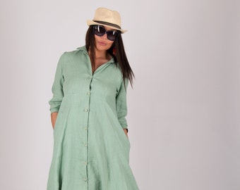 Women Summer Linen Long Shirt, Collared Maxi Dress, Women A-Line Summer Dress, Plus Size Linen Dress, Perfect Mothers Day Gift MIRA DR1065LE