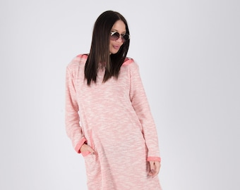 Herbst Pink Hoodie kleid plus size, Langes Frauen Maxi Kleid, Kapuzen Maxi Kleid, Langes Kaftan Kleid LINDA - DR0148CK