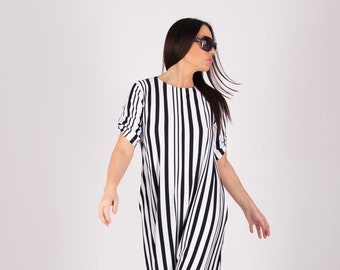 Womens Jumpsuit, Black and White Striped Plus Size Jumpsuit, Union Suit, Summer Cotton Jumpsuit, Short Sleeve Jumpsuit MELANI - JP0357TR