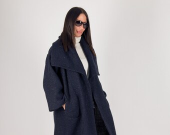 Navy Blue Wool Maxi Coat, Plus Size Knit Outerwear Ofelia