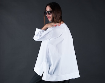 Summer Shirt for woman, White Tunic Top with loose sleeves, Cotton shirt, Oversize Top, Maxi Top, Plus Size Loose Shirt SAMIRA - TU0795CT