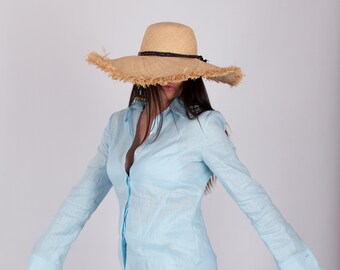 Women’s Linen Shirt Alaia, White & Light Blue Linen Blouse, Long Sleeve Button Up Shirt, Elegant Summer Top, 100% Linen, Plus Size