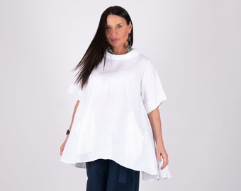 Blusa túnica de linho branco, modelagem ampla, tamanho grande, modelo Malena para o verão.