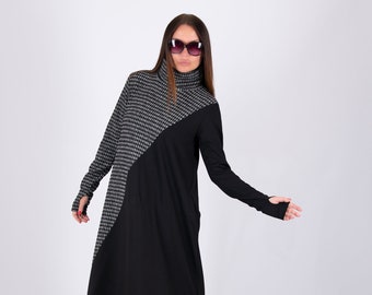 Plaid Turtleneck Maxi Dress, Avant Garde A-Line, Plus Size Winter Dress Vivian