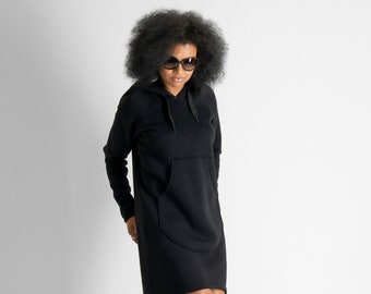 Hooded Sweatshirt Dress, Women’s Hoodie Dress, Plus Size Black Hooded Long Sweatshirt Dress TAYLOR - DR0880W3