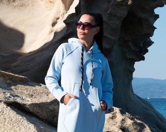 Abito lungo in spugna di cotone con cappuccio, felpa lunga con tasca