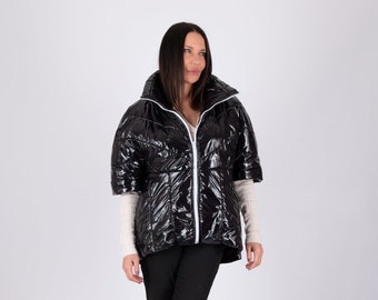 Quilted Puffer Short Sleeves Black Jacket, Winter Coat, Wide Warm Coat SILENA - CT1060PL