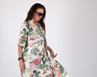 Wrap Tropical Print Dress, Linen Dress with Pockets, Wedding Guest Dress, Linen Dress Maxi  VERONA - DR0947LE *