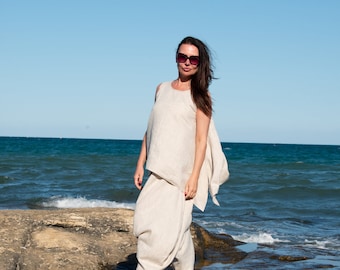 Linen Harem Pants Set, Sleeveless Top, Summer Co-Ord