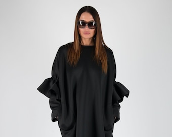 Abito lungo in neoprene nero, abito gotico steampunk a maniche lunghe