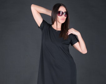 A-Line Jersey Dress for Women, Black Summer Dress, Casual Clothing, Women Stylish Mid-Calf Dress, Ideal Mothers Day Gift EMY - DR0903TR