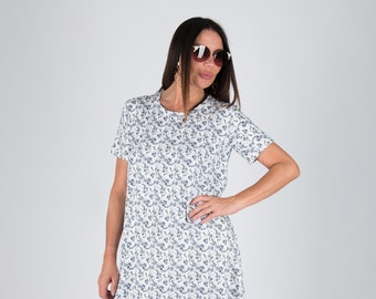 A line Summer Jersey Dress, Casual Clothing, White print Dress, Sport Dress, Summer Dress, Marine Dress EMY - DR0903TR