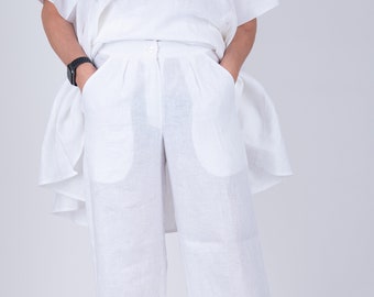 White Linen Wide Leg Trousers, Formal Summer Pants Agnes