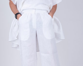 White Straight Linen Trousers, Formal White Pants, Plus Size Linen Pants, Comfortable and Breathable Women Summer Pants AGNES - PA1081LE *