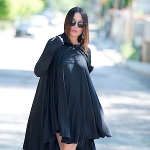 Black Asymmetrical Dress, Women Gothic Dress, Plus Size Clothing, Hooded Dress, Long Sleeve Dress, New Year Party Dress ANIE - TU0607TR