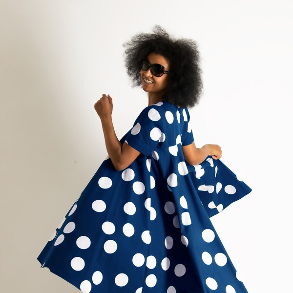 Navy Blue Polka Dot Dress For Women, Summer Minimalist Flowy Dress, Plus Size Clothing, A Line Dress, Party Dress, Dress KOSARA - DR0186GE